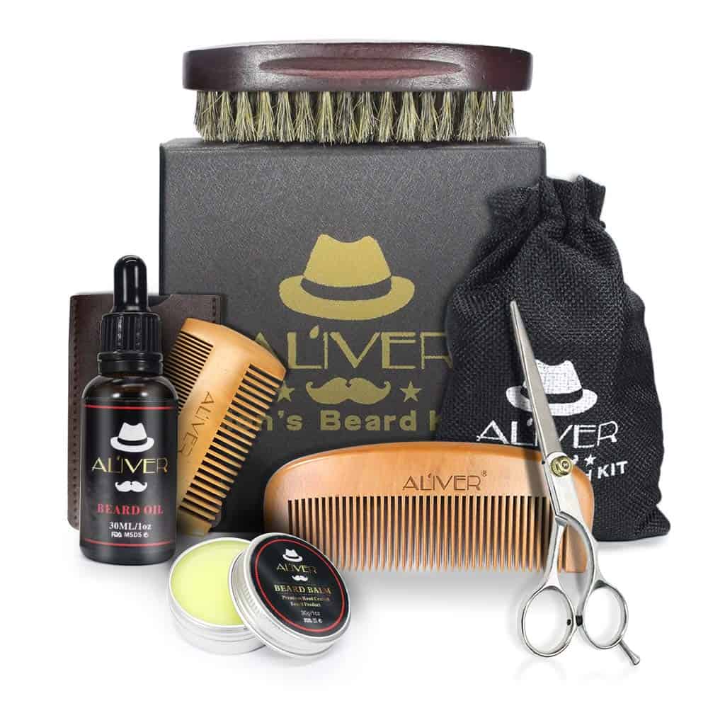 Beard Grooming Kit, Beard Growth Trimming Care Set with Beard Oil, Beard Balm, Wood Beard Comb, 100% Boar Beard Brush, Double-Sided Comb, Scissors Gift Set 6pcs Beard Combo Set