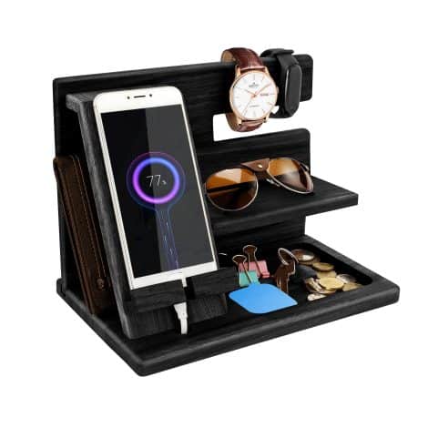 Wooden phone docking station and organizer for men, perfect for bedside and as a gift for Christmas, anniversary, birthday, or Father’s Day.