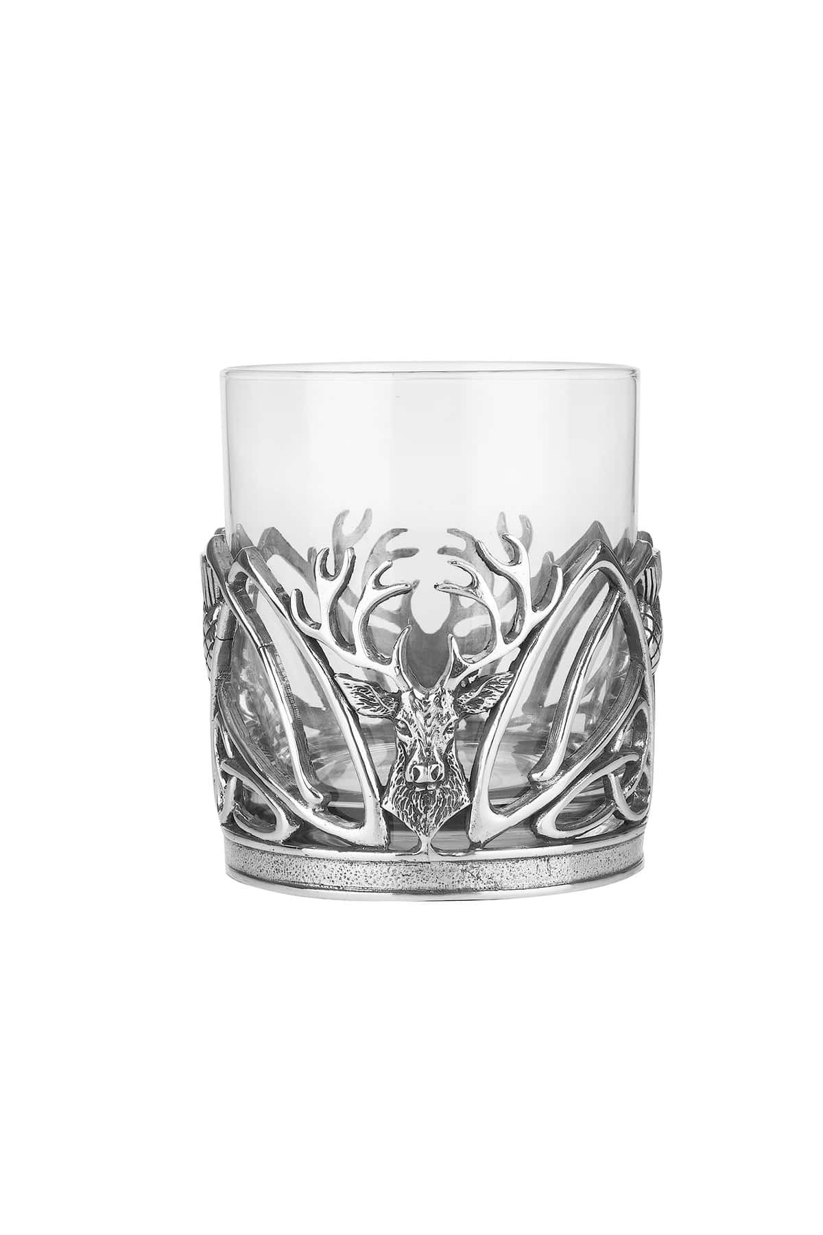 A E Williams Whisky Tumbler with Stag Head and Thistle Pewter Design | Heavy Bottom Crystal Glasses | Wine Cocktail Bourbon Drinking Glass | Unique Gift for Men Birthday Anniversary Party