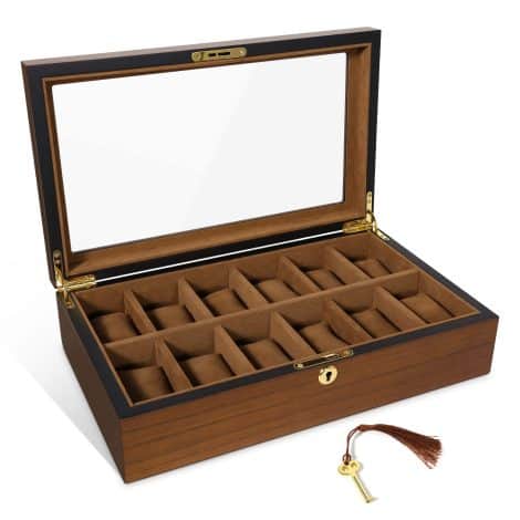 Uten Watch Box with 12 compartments, Watch Case with Golden Lock and Key, Wooden Watch Display Storage Box with adjustable cushions, Soft Lining, Secure Closure, High-end Present for Him and Her.