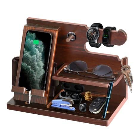 Christmas Wooden Bedside Table Organizer with Docking Station, Key/Wallet/Watch/Glasses/Pen Holder for Him, Ideal Gift for Dad, Husband, Wife.