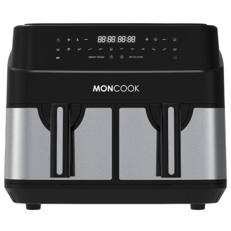 MONCOOK Dual Air Fryer – 2 In 1 Airfryer 10L With 2 x 5L Baskets – 50 Recipe Cookbook – Intelligent Finish Feature – Digital LED Display Airfryer – 12 Pre-Set Cooking Programs – Healthy Oil-less Fryer.