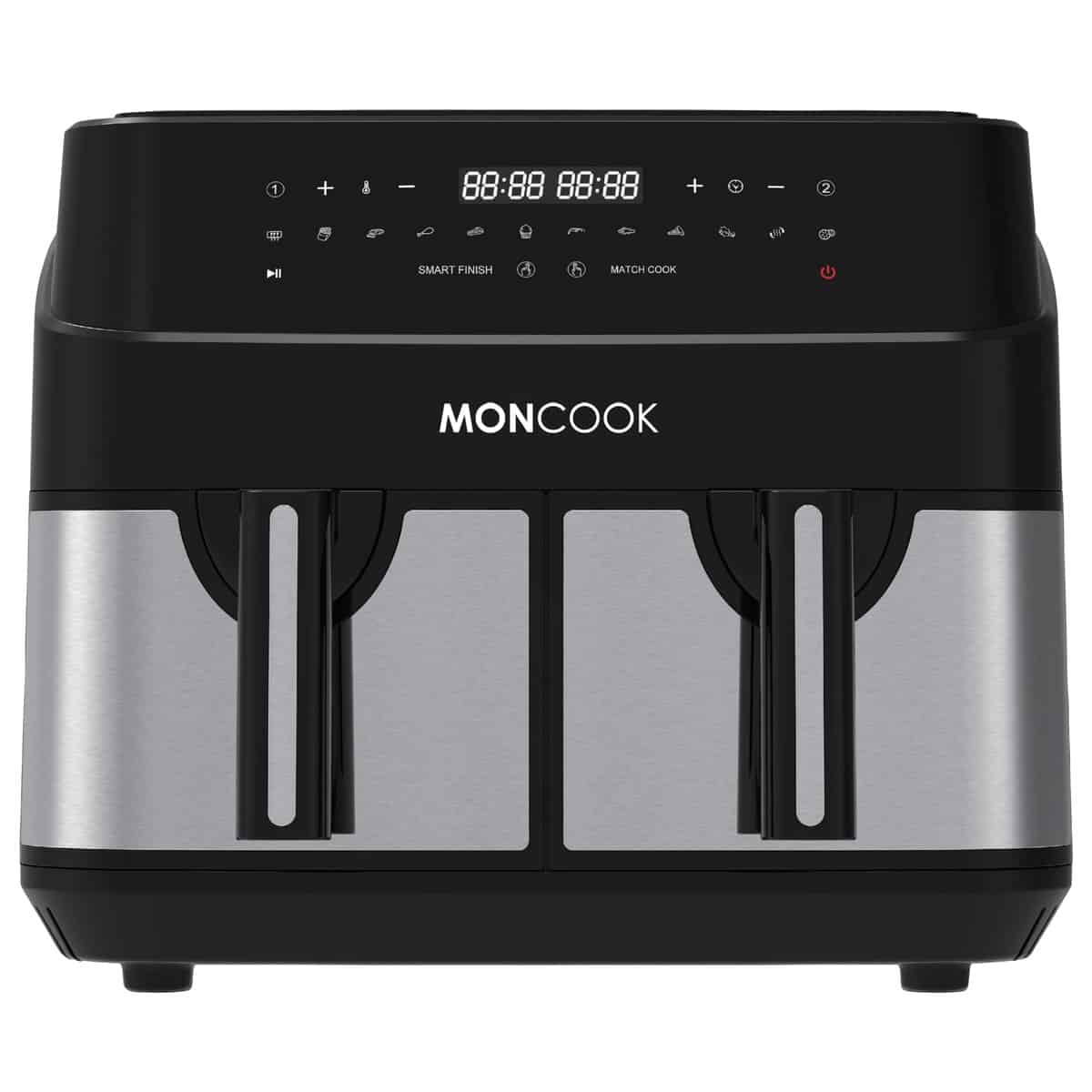 MONCOOK Double Air Fryer - 2 In 1 Airfryer 10L With 2 x 5L Baskets - 50 Recipe Cookbook - Smart Finish Function - Digital LED Display Airfryer - 12 Pre-Set Cooking Programs - Healthy Oil-free Fryer