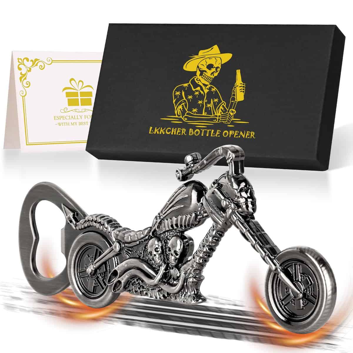 LKKCHER Motorcycle Beer Gifts for Men, Motorbike Bottle Opener, Skull Gifts, Motorbike Gifts for Men Dad Husband Son Him, Gift Ideas with Gift Box, Birthday Gift, Father's Day Gift, Dark Silver