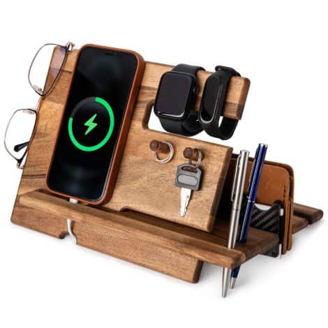 YAREM Walnut Men’s bedside organizer, distinctive birthday presents for him, home office devices for gentlemen, gentlemen’s vanity tray, smartphone and wristwatch holder for gentlemen, wooden smartphone holder, Dad’s birthday presents, presents for men.