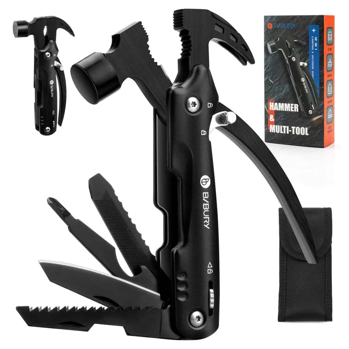 Gifts for Men, BIBURY Mini Hammer Multitool, Unique Christmas Birthday Gift Ideas, Outdoor Accessories Camping Tools for Hiking, DIY Activities, Home Improvement Black