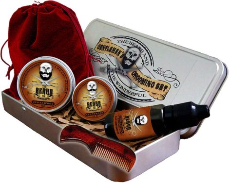 Men’s Beard Care Set in a Tin – Includes Moustache Wax, Beard Oil, Beard Balm, Comb, Scissors | Gift for Father’s Day – Promotes Beard Growth – Scented with Cedarwood.