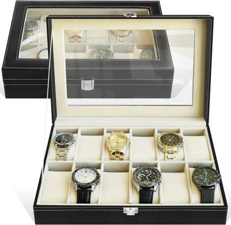 Feibrand’s Watch Chest, a fashionable storage solution featuring 12 compartments for men’s timepieces, with a display and holder, perfect for gifting.