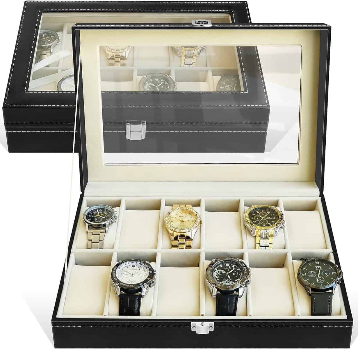 Feibrand Watch Box, Watch Box for Men, 12 Slots Stylish Watch Case with Watch Display and Storage, Watch Organizer and Collection Box with Watch Holder Men's Watch Storage Case Gift