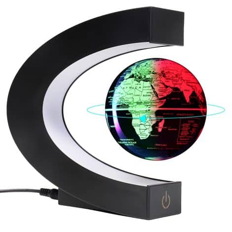 Floating and levitating magnetic globes with a 3″ world map, LED lights, ideal for cool office decor and unique gifts for men’s birthdays.