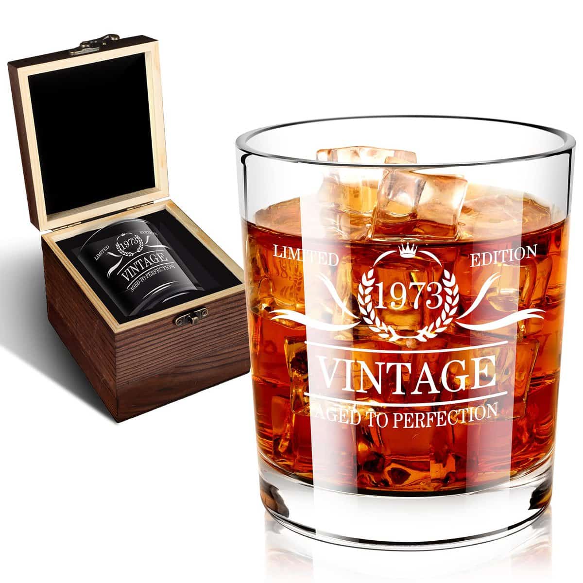 BEYOND MS 50th Birthday Gifts for Men - 50th Birthday Decorations for Dad - 1973 Whiskey Glass in Valued Wooden Box - Anniversary Ideas for Him - 12oz Whiskey Glass