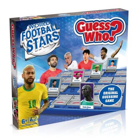 Winning Moves World Football Stars Guess Who? Board Game, featuring Messi, Ronaldo, Kane, Neymar, Salah, and Foden. Suitable for 6+ years, perfect present for soccer enthusiasts.