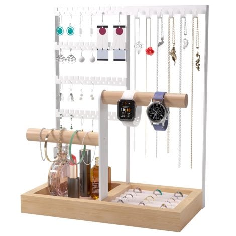 Benxdara Jewellery Stand Organiser, a 4-tier necklace stand with earring holes and a wooden tray for bracelets, watches, earrings, and rings in white.