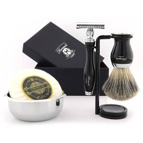 Haryali London 5 Piece Men’s Shaving Kit, including a Safety Razor, Synthetic Hair Brush, Soap, Bowl, and Stand, in black. Great as a gift.