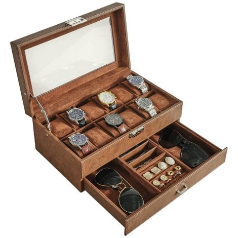 IBUYKE 12-Slot Watch Box in PU Leather – Display Drawer with Glass Top and Velvet Lining for Men’s Watches.