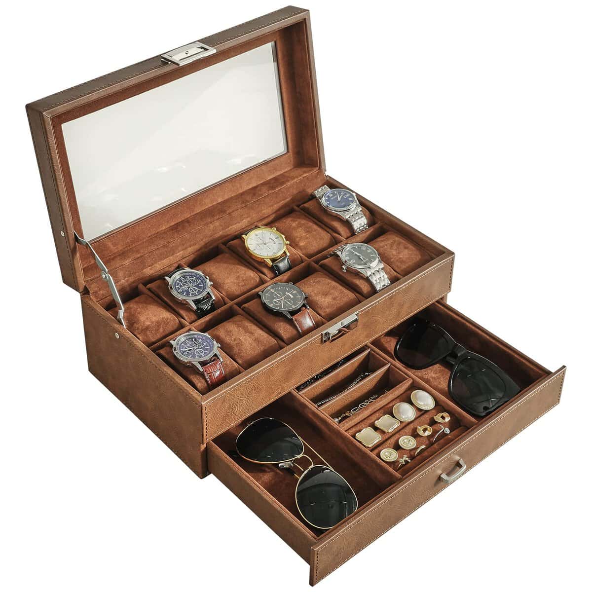 IBUYKE Watch Box 12 Slots PU Leather Watch Case for Men - Jewelry Display Drawer Case with Glass Top,Smooth Velvet Lining JWB001Z