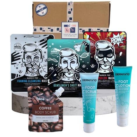 Men’s indulgent gift set with skincare and body treatments, men’s grooming present.orMen’s relaxation box with face and body self-care products, gift for men’s grooming.