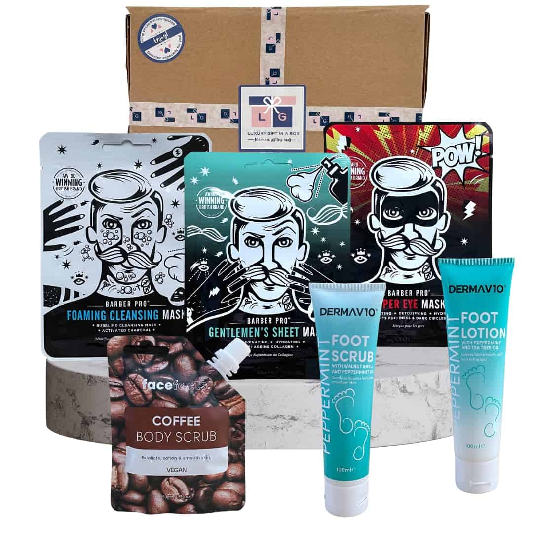 Mens Pamper Gift Box with Face and Body Treatments, Mens Grooming Gift