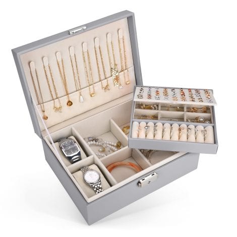 Benxdara Jewellery Box Organiser for Women Girls, 2-tiered Spacious Jewelry Storage Case with Detachable Tray, Lockable PU Leather Jewellery Holder, Grey.