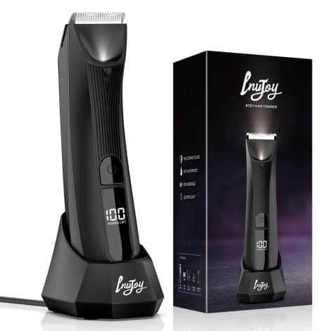 INVJOY Ball Trimmer is a waterproof male grooming tool that trims body hair with an LED light and rechargeable dock, ideal for gift-giving.