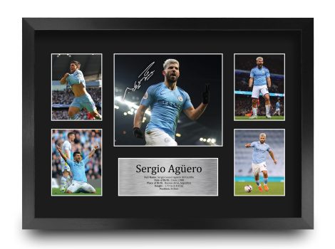 HWC Trading’s FR A3 Sergio Aguero Manchester City Signed Picture – A3 Framed Print for Football Fans.