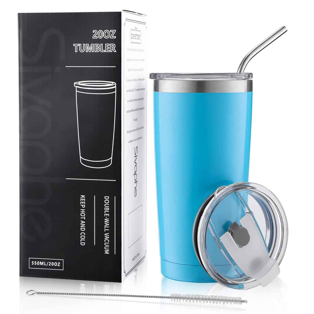 Sivaphe 20OZ Cup Stainless Steel Travel Tumbler Insulated Coffee Cup Double Wall Vacuum with Straw and Lids Blue 550ML for Men Women Tavel Mug, Heat Proof, Insulated, Double Walled Friends Gift