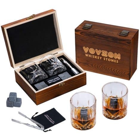 Whisky Rocks and Tumblers Package for Gents  8 Whisky Scotch Bourbon Cooling Rocks, 2 Whisky Glasses in Wooden Case  Father’s Day/Xmas/Birthday Gift for Dad/BF.