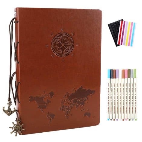 YHH Vintage Leather Travel Scrap Book with Black Pages – an ideal DIY scrapbooking gift with a compass for various occasions.