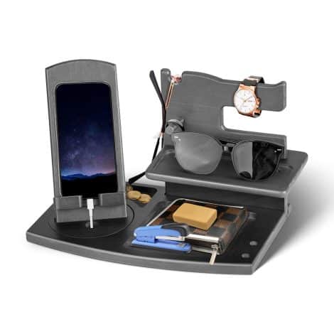 Christmas wooden phone docking station and bedside organizer for men, suitable as gifts for dads or partners.