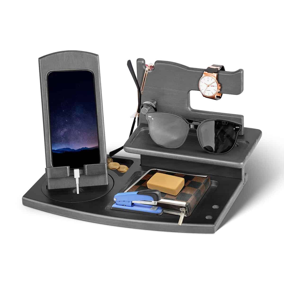 Gifts for Men Christmas Wood Phone Docking Station Dad Gifts Bedside Organiser Holder Nightstand Wallet Watch Stand Xmas Presents for Men or Women Anniversary Birthday Gifts for Him Husband Boyfriend