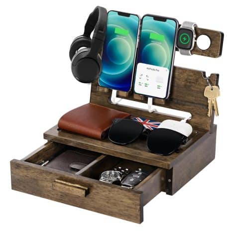 Christmas bedside organiser for men, perfect as Xmas Secret Santa gift for dad, partner, husband, or boyfriend. Wooden desk organiser for phone and more. Ideal present for daddy, brother, or uncle.