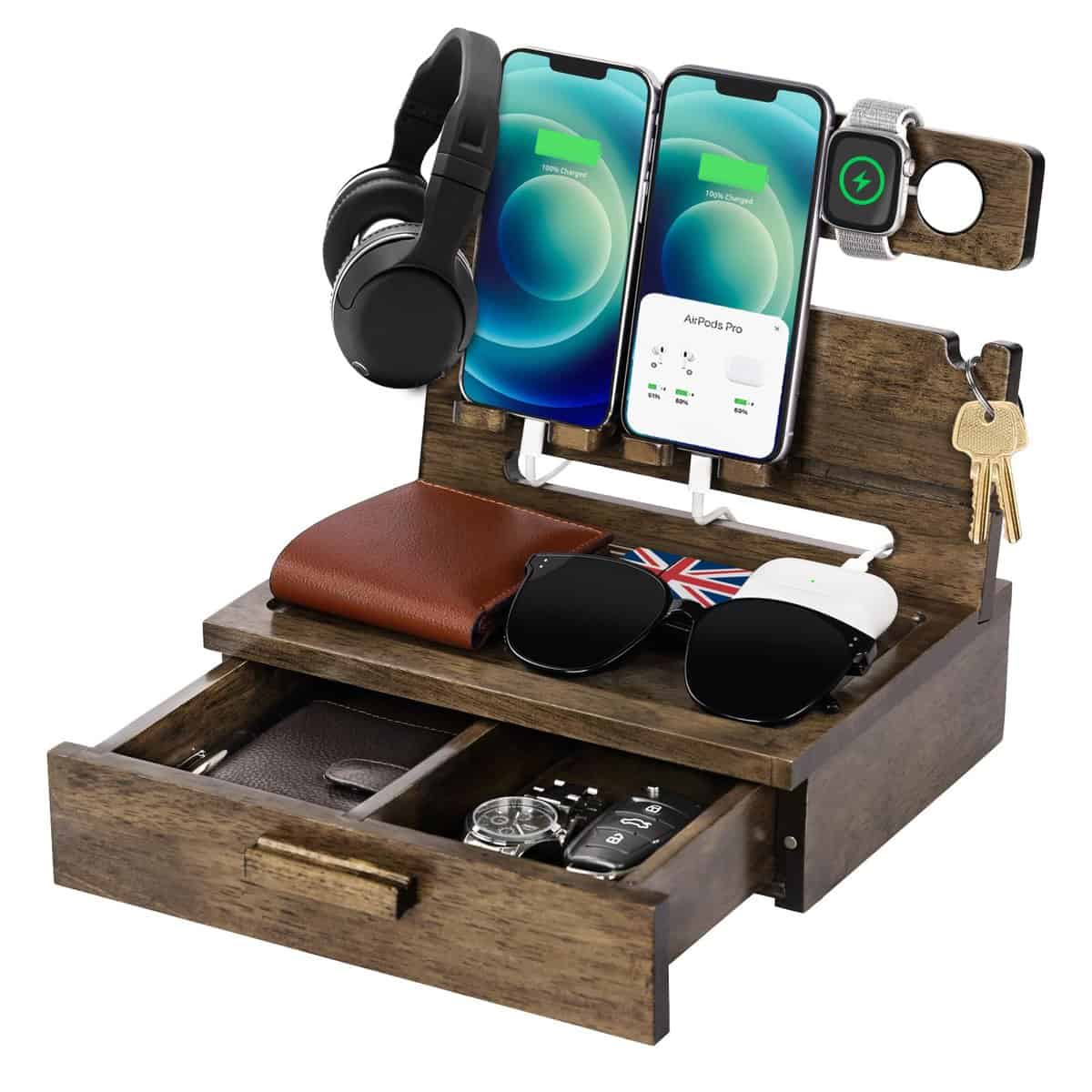 Mens Gifts for Christmas Bedside Organiser for Him - Xmas Secret Santa Gifts Ideas for Men Dad Partner Husband Boyfriend, Wooden Desk Organiser Presents for Daddy Brother Uncle, Phone Docking Station