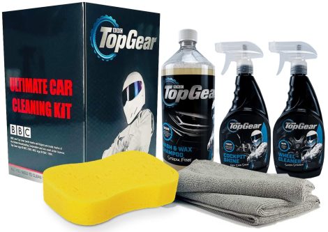 Top Gear – Complete Car Cleaning Kit – Includes Shampoo for Washing and Waxing, Wheel Cleaner & Interior Polish – Large Sponge and Microfiber Towels – Presented in a Boxed Gift Set.