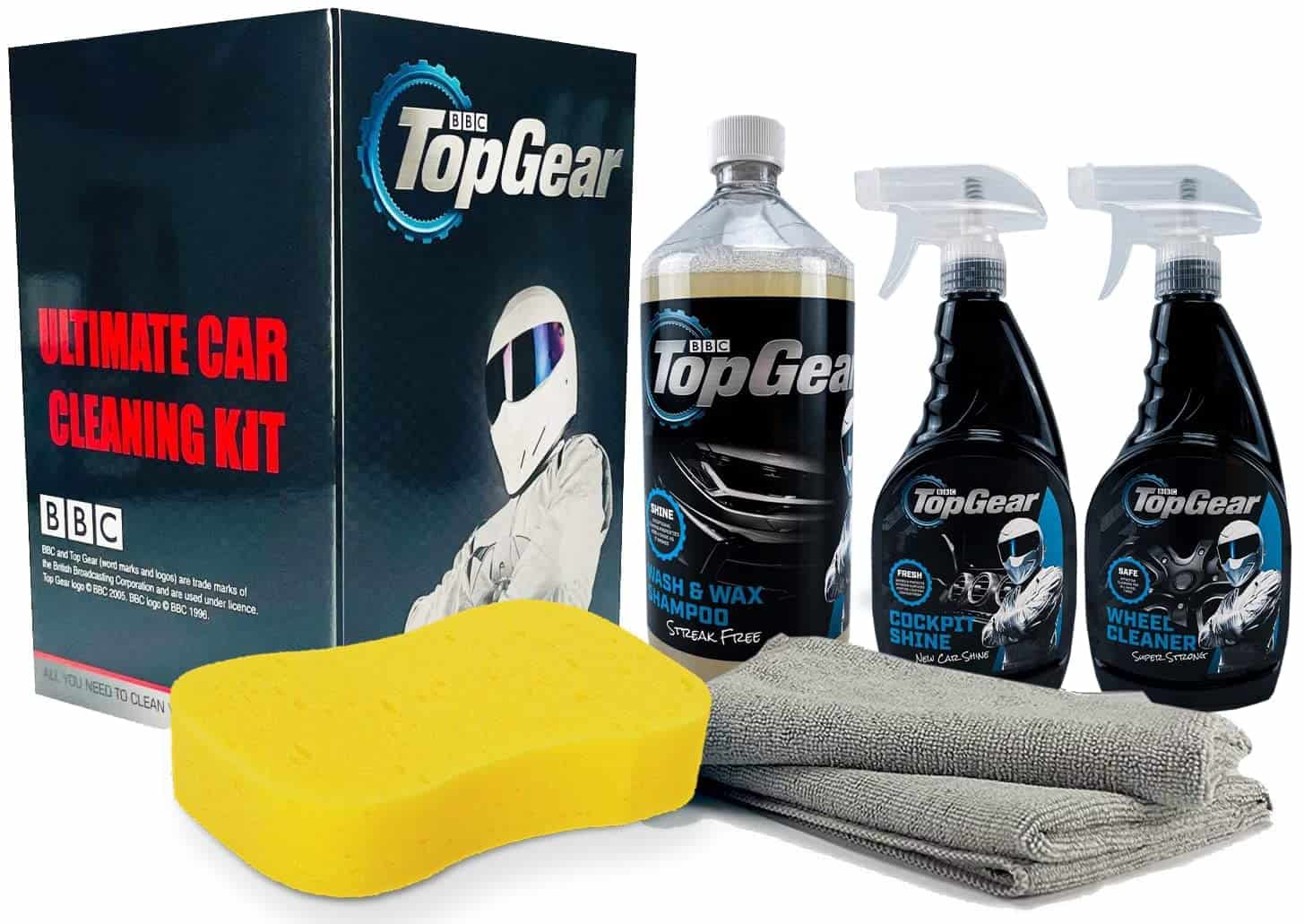 Top Gear - Ultimate Car Cleaning Set - Includes Wash And Wax Shampoo, Wheel Cleaner & Cockpit Shine - Jumbo Sponge And Microfibre Cloths - Gift Boxed