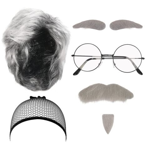 LOOPES 7-piece Grandpa Costume Accessory Set for Halloween, World Book Day, or Retro Stage Cosplay, including wig, glasses, and more.