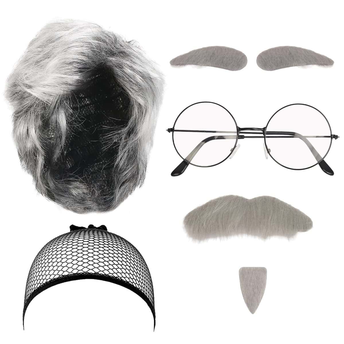 LOOPES 7pcs Old Man Costume Accessories Grandpa Costume Set Grandfather Fancy Dress Kit with Gray Mustache Eyebrows Wigs&Cap Glasses for Halloween World Book Day Party Retro Stage Cosplay