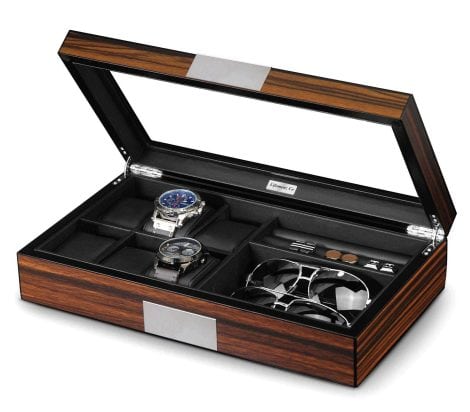 Lifomenz Co Men’s 6-Slot Watch Jewelry Box, 6 Watch Case, 8 Pairs of Cufflinks, and Sunglasses Display Box. Large wooden organizer with glass top.