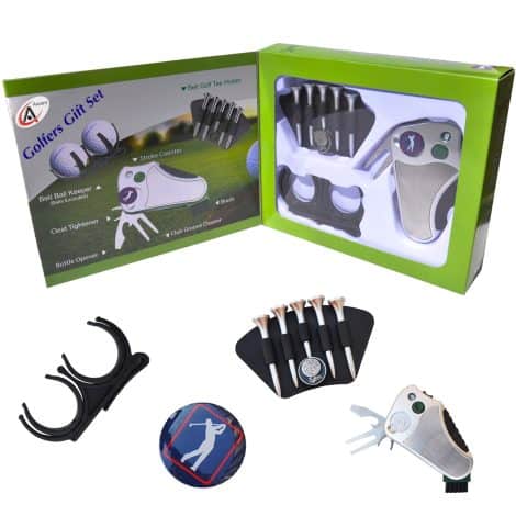 GOLFERS’ ULTIMATE GOLF GIFT SET: Device – Score Tracker, Green Repair Tool, Bristle, Marking Coin, Shoe Fastener, Club Cleaner Strap Tee Caddy – Perfect Gift for Both Genders.