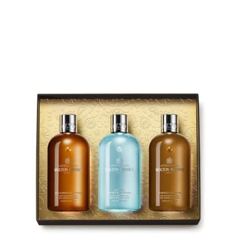 Molton Brown Woody & Aromatic Bath & Shower Gel Body Care Gift Set: British scented bathing and skincare package.