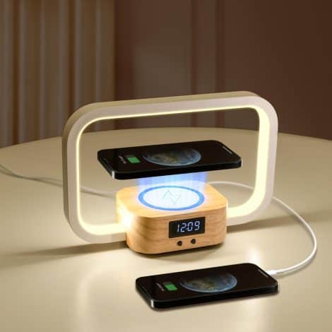 YAMYONE Wireless Charging Bedside Lamp with USB Charger, Adjustable LED Table Lamp, Clock Display Night Light.