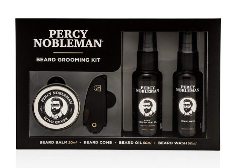 Percy Nobleman Facial Hair Care Kit with Beard Elixir, Cleanser, Styling Balm, and Grooming Comb.