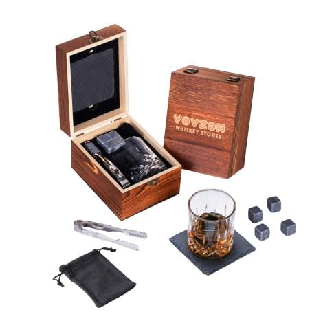 Whisky Rocks and Glass Set for Gents  4 Chilling Stones + Whisky Glass + Slate Coasters. Suitable for Dad or Boyfriend’s Gift.