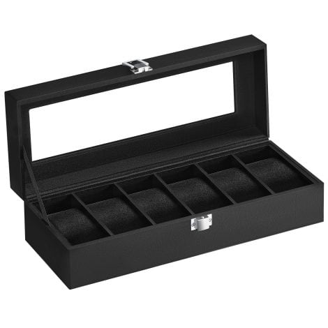 SONGMICS 6-Slot Watch Box, Glass Lid Watch Case, Detachable Pillows, Metal Clasp, Black Faux Leather, Black Lining JWB06B01, Ideal Gift.