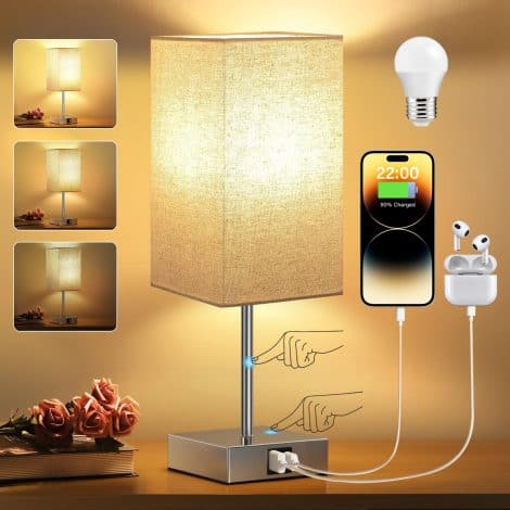 STANBOW Bedside Lamp with USB A+C Charging Ports, 3 Level Dimmable Desk Lamp for Bedroom Living Room.