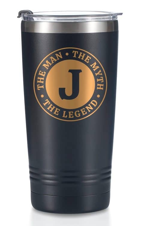 Onebttl The Man The Myth The Legend Mug with Initial J, Personalised Stainless Steel Travel Tumbler for Men, Customizable Coffee Cup, Ideal Birthday Christmas Gifts for Him, 20 oz.