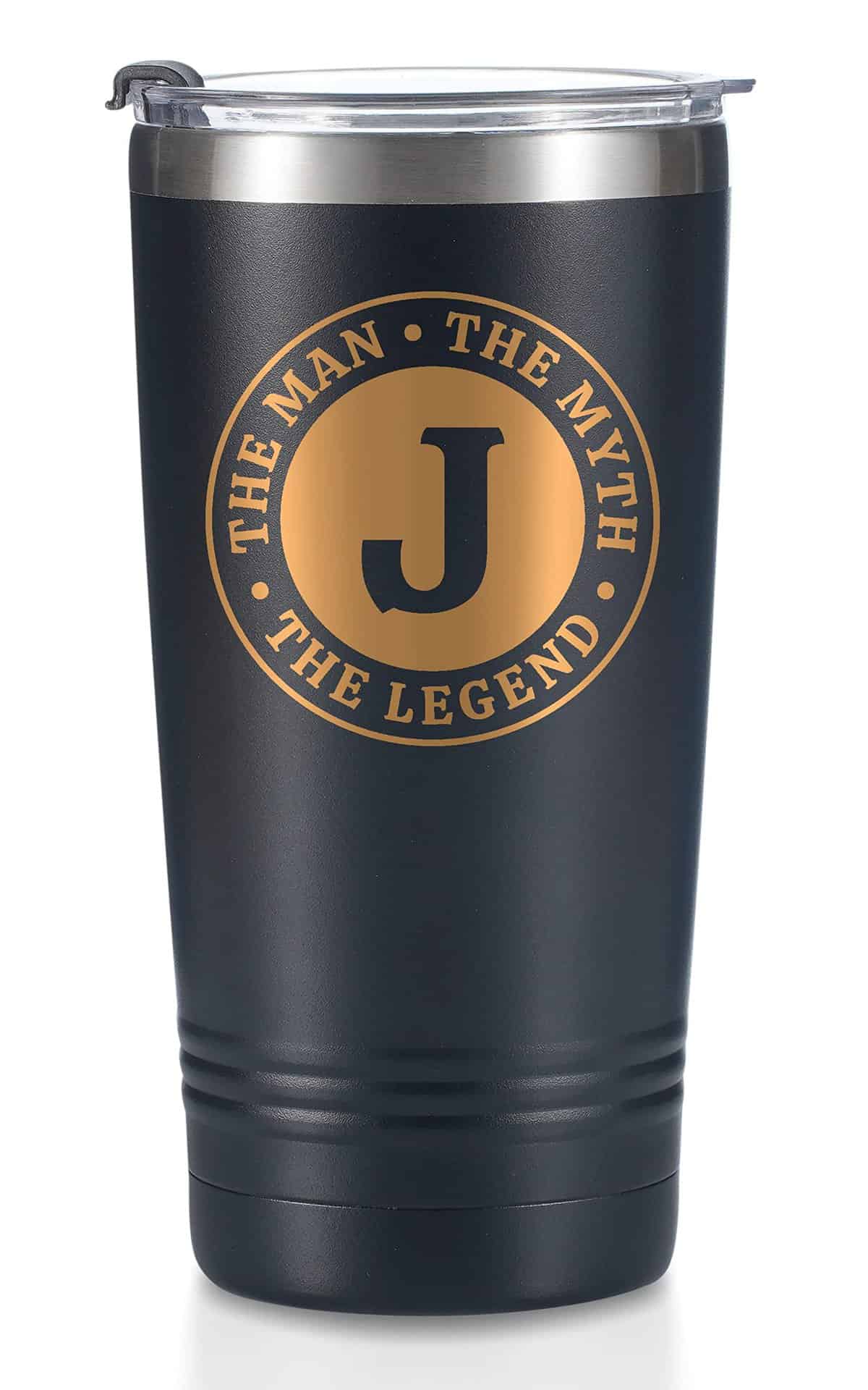 Onebttl The Man The Myth The Legend Mug with Initial J, Monogrammed Stainless Steel Travel Tumbler for Men, Funny Personalised Coffee Cup, Custom Birthday Christmas Gifts for Him, 20 oz