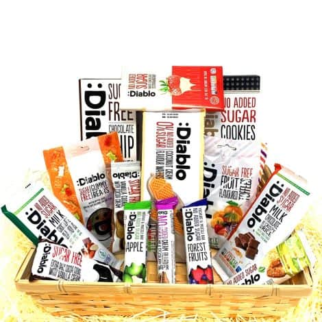 1n Diabetic SugarFree Gift Set Hamper Box Basket contains various sugar-free snacks, ideal for any occasion. Suitable for birthdays, Christmas, and more. Perfect for parents.