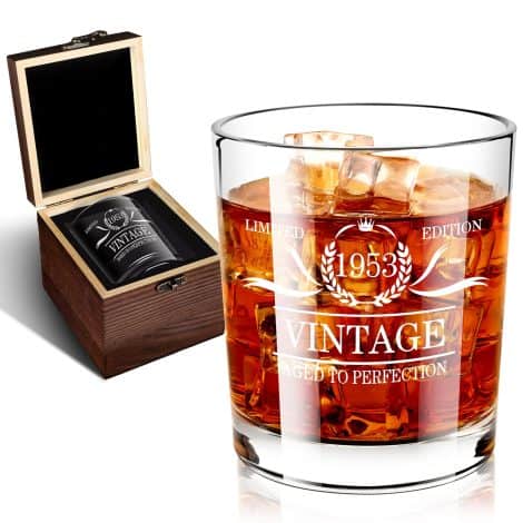 BEYOND MS 70th Men’s Birthday Presents – 70th Dad’s Birthday Ornaments – 1953 Whisky Tumbler in Esteemed Timber Case – Him’s Anniversary Suggestions – 12oz Whisky Tumbler.