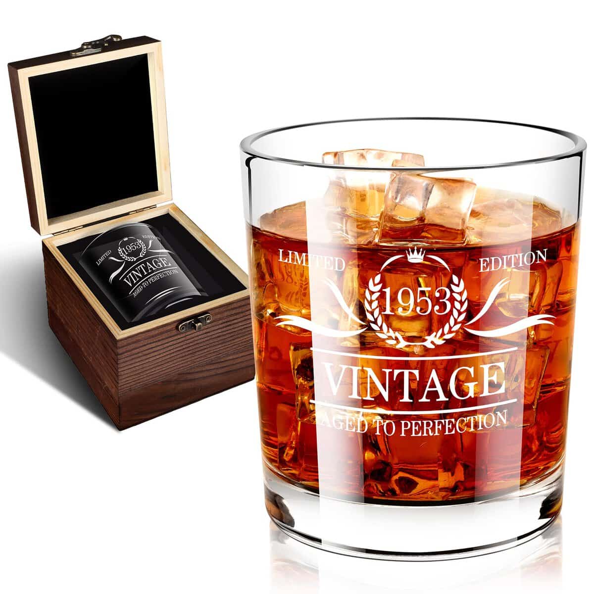 BEYOND MS 70th Birthday Gifts for Men - 70th Birthday Decorations for Dad - 1953 Whiskey Glass in Valued Wooden Box - Anniversary Ideas for Him - 12oz Whiskey Glass