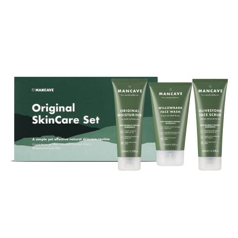 ManCave Initials Skincare Present Set including 3 Vital Skin Care Staples with Facial Cleanser, Facial Exfoliator, and Moisturizer for Adult Males, Suitable for Vegans, Organic compositions, Containers crafted from Reused Plastics, Manufactured in England.